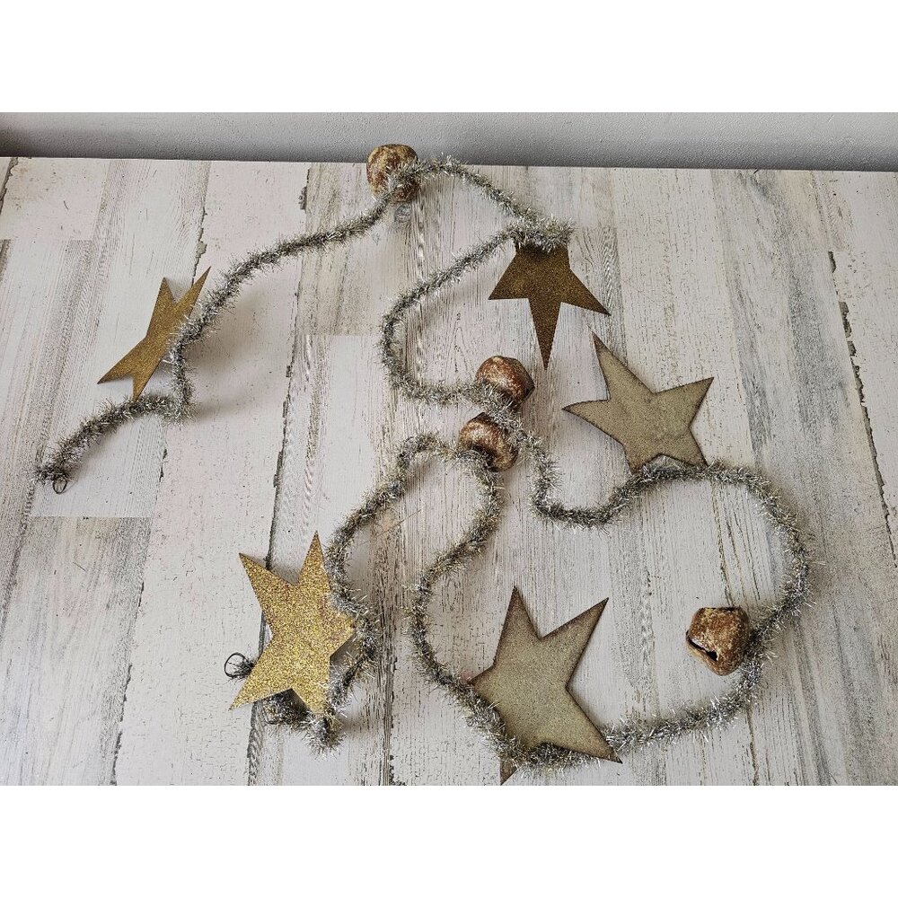 Antique 8' tinsel star Bell Garland‎ tree metal silver unique